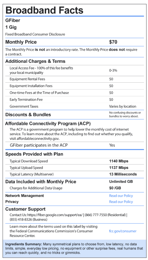 Google broadband nutrition label