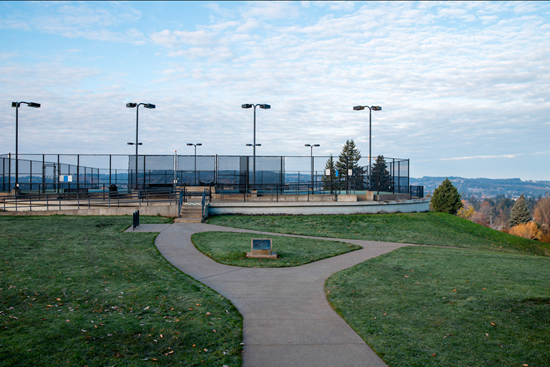 A cement path leads through a grassy area to fenced in playground with lights surrounding a court