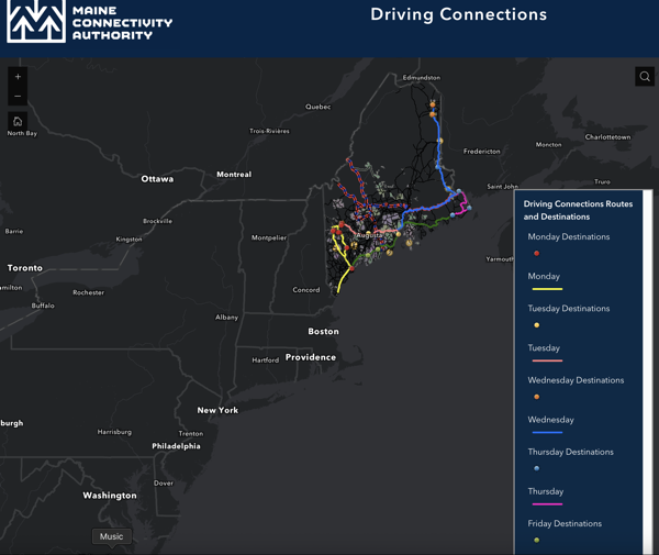 Map showing route of tour across Maine