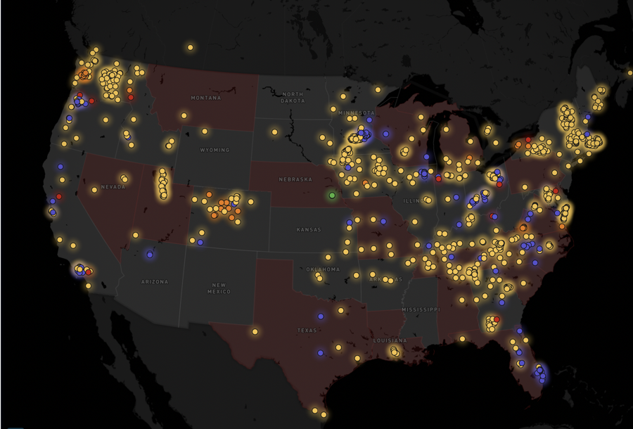 a map with yellow pins shows where all the municipal broadband networks are in the nation