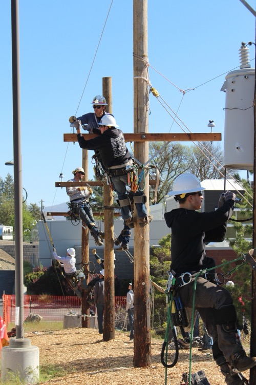 students at the Okanogan PUD bootcamp are being trained on how to properly climb a utility pole and work on the equipment