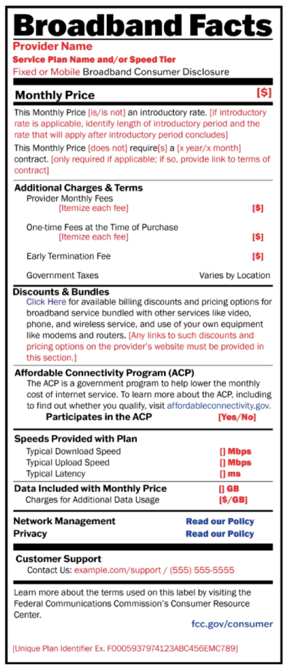 Similar to nutrition labels on food, this "broadband facts" label shows speed and pricing data on an Internet service plan