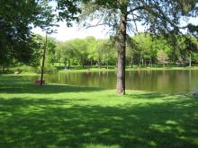 East Longmeadow park with lake in background