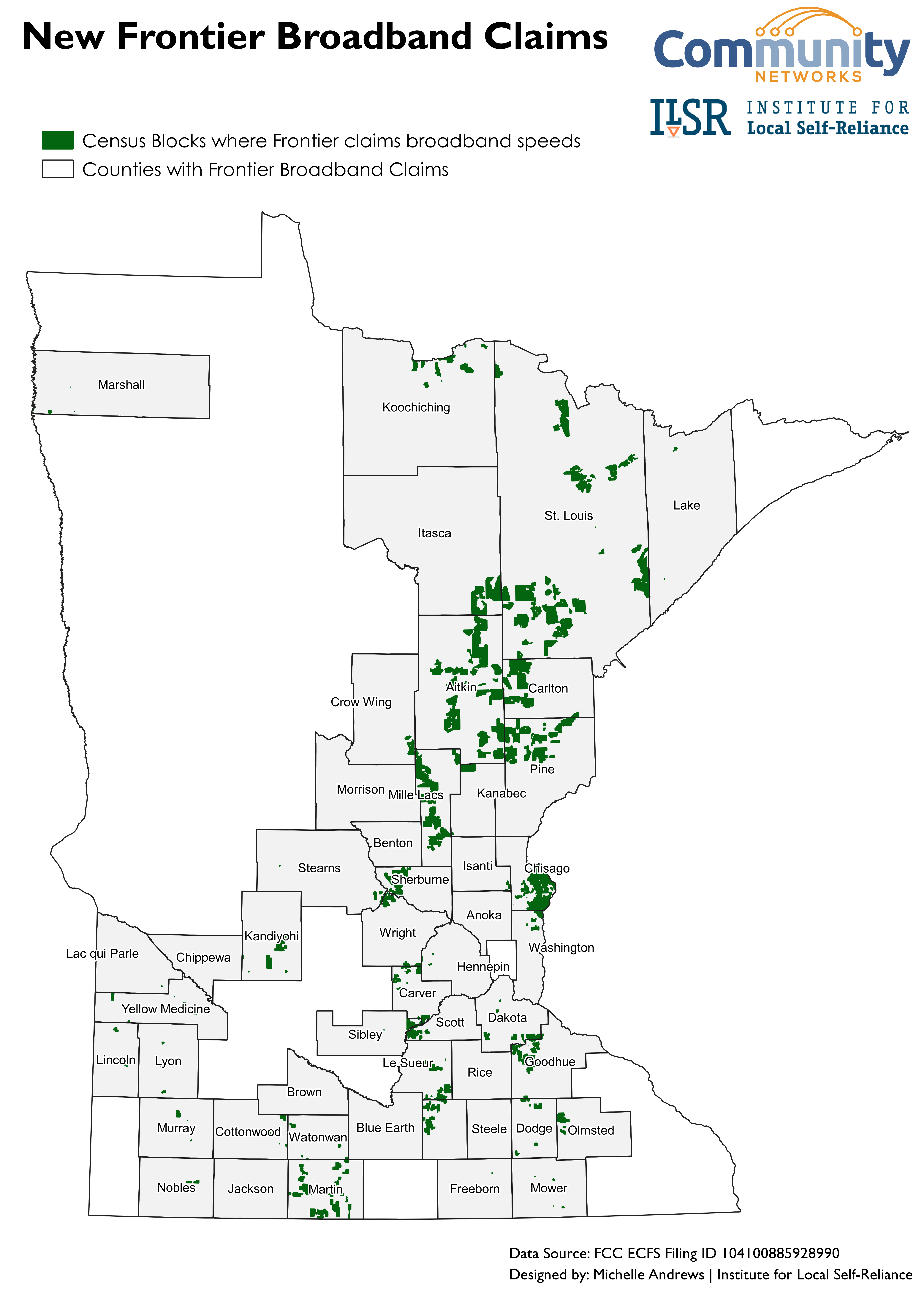 New Frontier Broadband Claims in Minnesota Map of Frontier new claims in MN