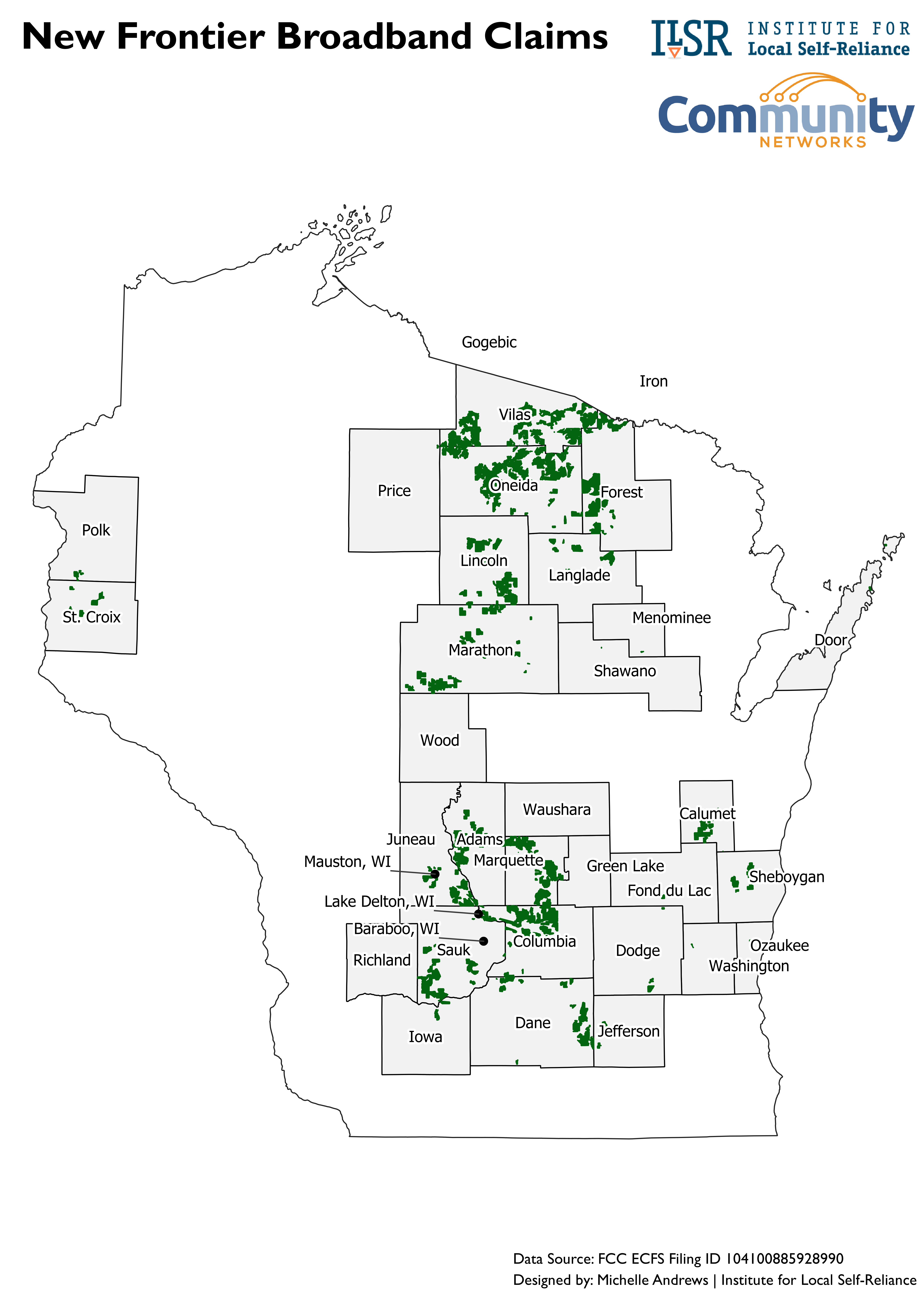 New Frontier Broadband Claims in Wisconsin Map of Frontier new claims in WI